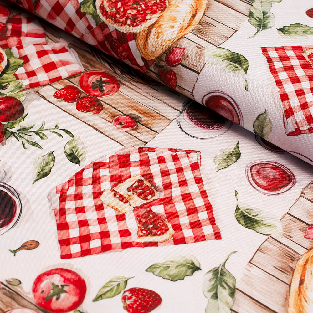 Wzorzysta tkanina dekoracyjna wykonana z włókien syntetycznych.