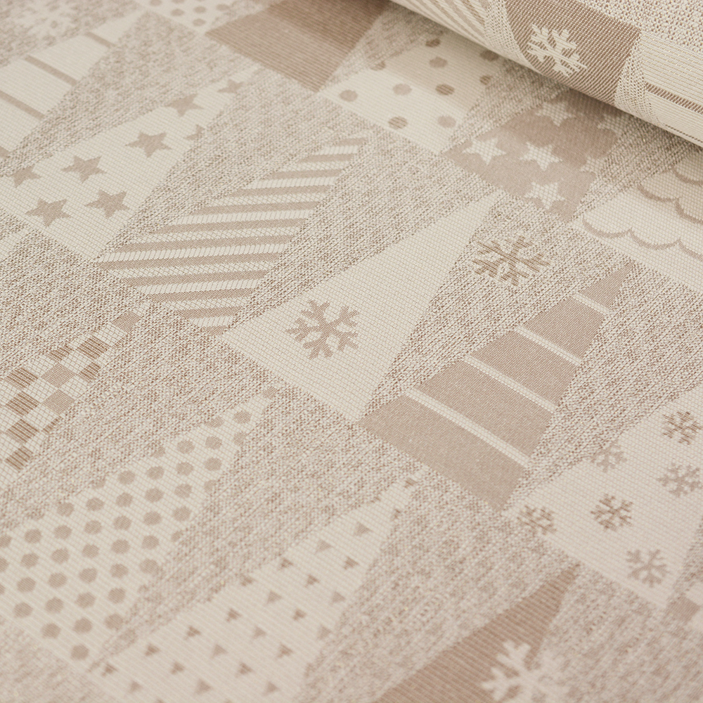 Wzorzysta tkanina dekoracyjna o pięknym, świątecznym deseniu to doskonały wybór do aranżacji wnętrz w okresie zimowym.