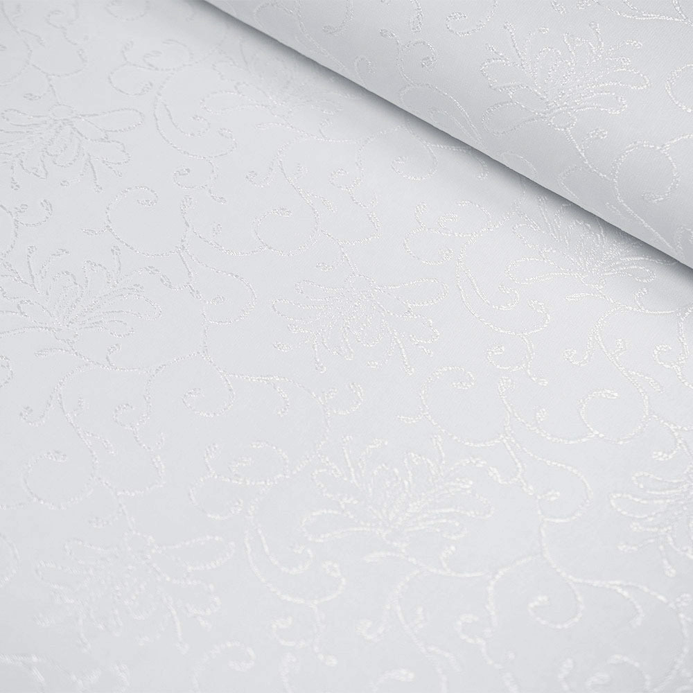 Obrusowa tkanina typu żakardowego w kolorze białym.