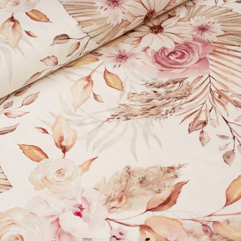 Wzorzysta tkanina dekoracyjna typu Milas, w pięknym kwiecistym wzorze w pastelowych kolorach.
