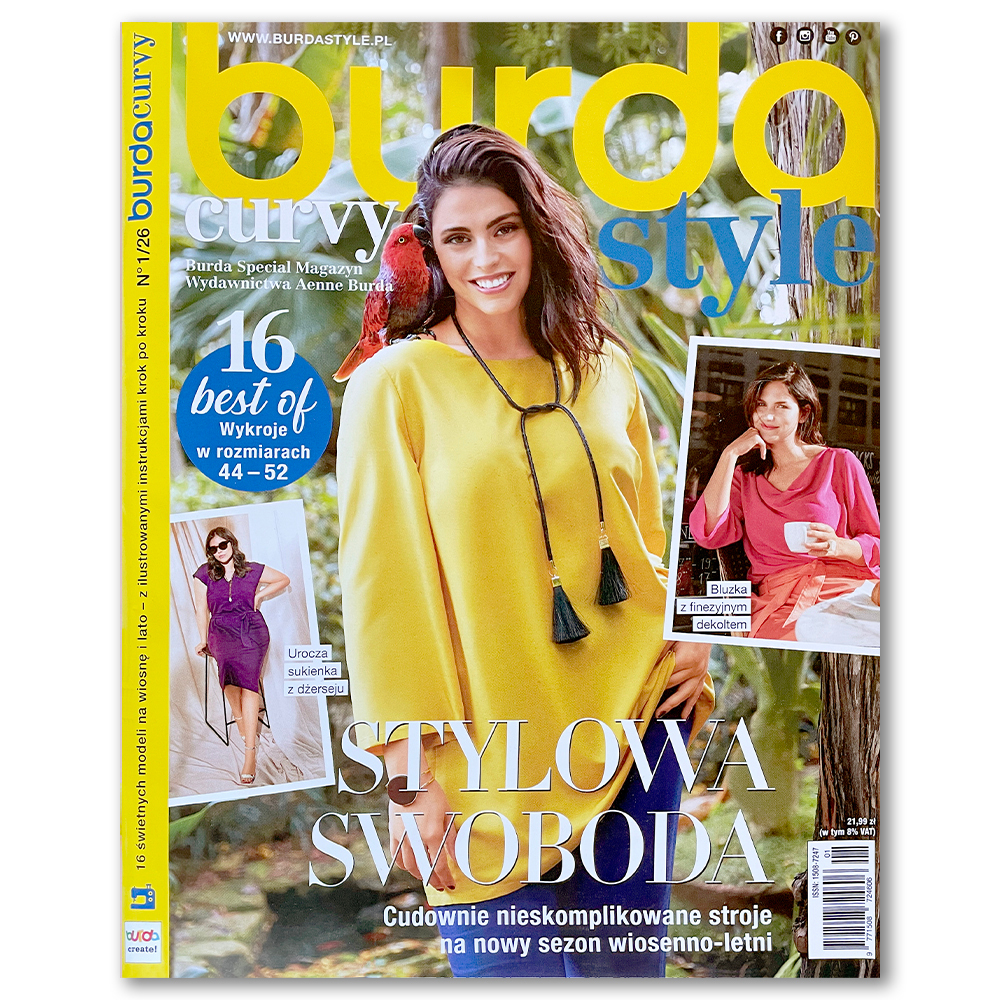 Burda Curvy oferuje 16 modeli zaprojektowanych specjalnie z myślą o sylwetkach w rozmiarach 44–52, z naciskiem na wygodę, proporcje i piękną linię.