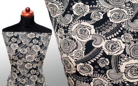 TKANINA ŻAKARDOWA FLORAL ORNAMENT BEIGE/NAVY