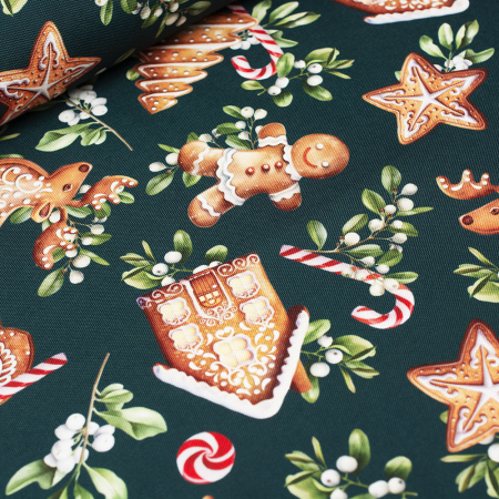 Wzorzysta tkanina dekoracyjna w pięknym, świątecznym wzorze.
