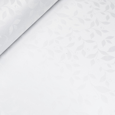 Tkanina obrusowa biała, wykonana z wysokiej jakości, mocno skręconych włókien poliestrowych, z dodatkiem metalicznej nici.
