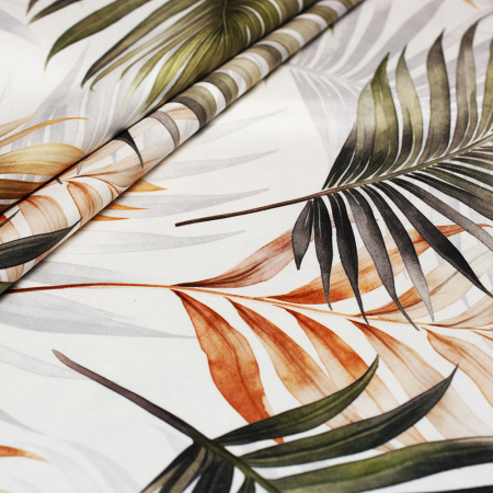 Wzorzysta tkanina dekoracyjna typu Milas, w pięknym wzorze z motywem liści palmy.