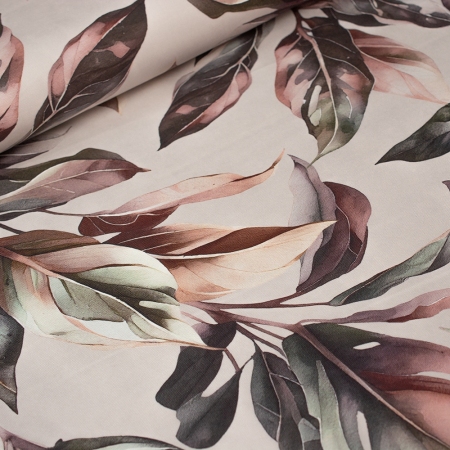 Wzorzysta tkanina dekoracyjna typu Milas, w pięknym wzorze z motywem liści.