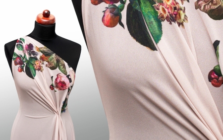 TKANINA SZYFON BEIGE BOUQUET OF FLOWERS
