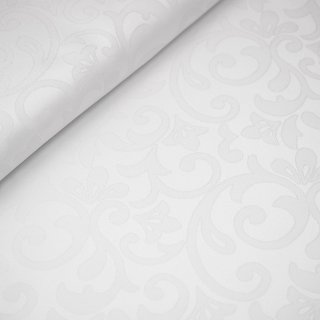 Tkanina obrusowa biała, wykonana z wysokiej jakości, mocno skręconych włókien poliestrowych, z dodatkiem metalicznej nici.