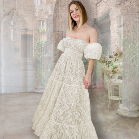 Koronka Roma to wysokiej jakości tkanina o eleganckim charakterze, wykonana z dodatkiem naturalnych włókien, które podnoszą jej komfort noszenia.