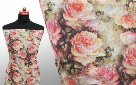 TKANINA SZYFON VINTAGE PEACH ROSES