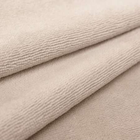 Tkanina Frotte wykonana z mieszanki włókien bawełnianych oraz bambusowych.