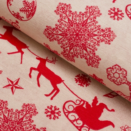 Świąteczna tkanina dekoracyjna wykonana z mieszanki grubszej przędzy bawełnianej i syntetycznej.